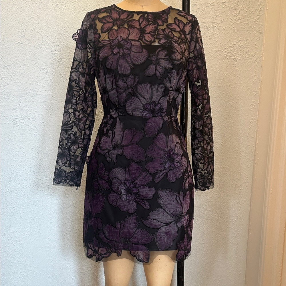 Milly Black and Purple Floral Long Sleeve Dress